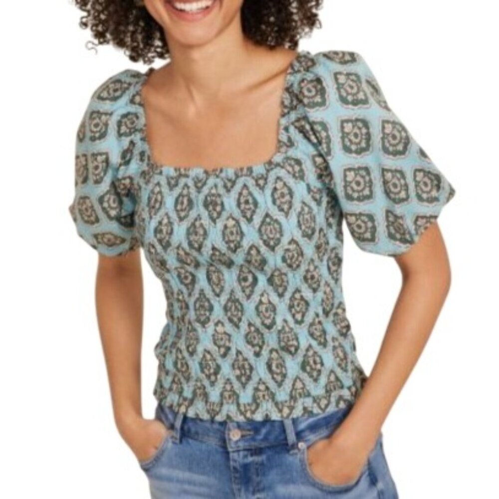 Maurices Medallion Smocked Puff Sleeve Blouse Shirt XXL Green Blue New WOT